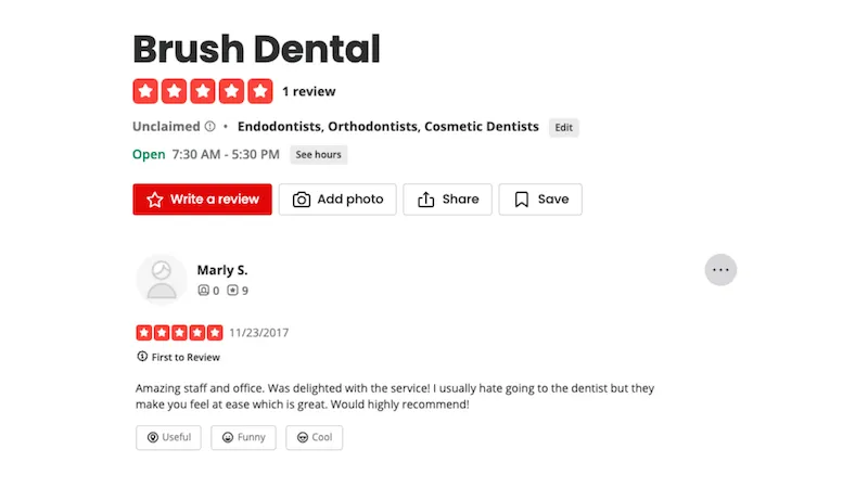 Dental Yelp Review Example
