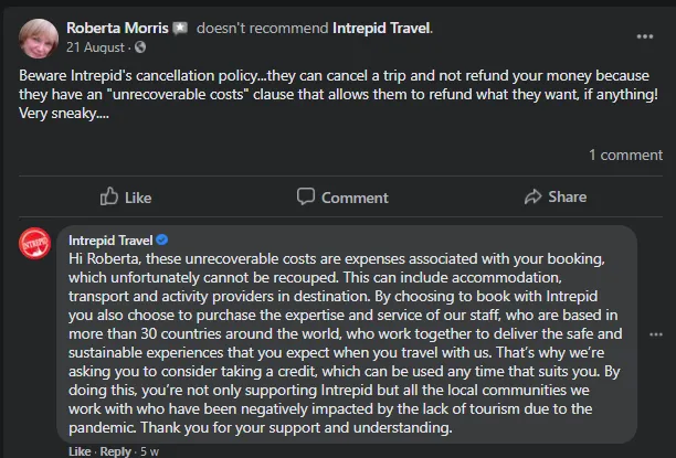 Facebook review response travel agency example