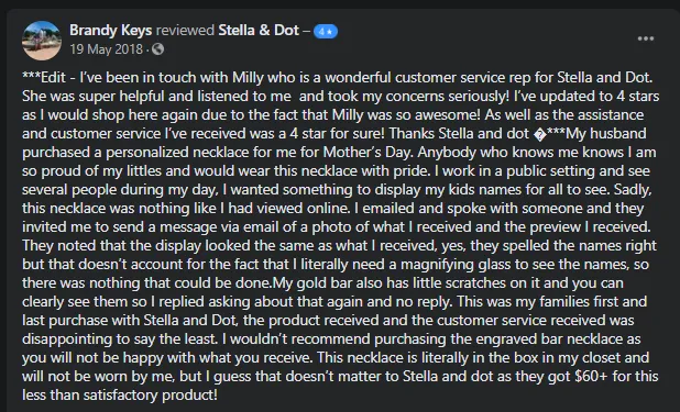 Facebook review response retail store example