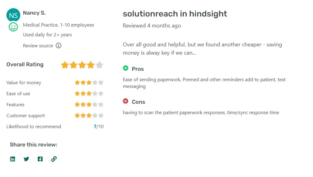Customer feedback on Solutionreach
